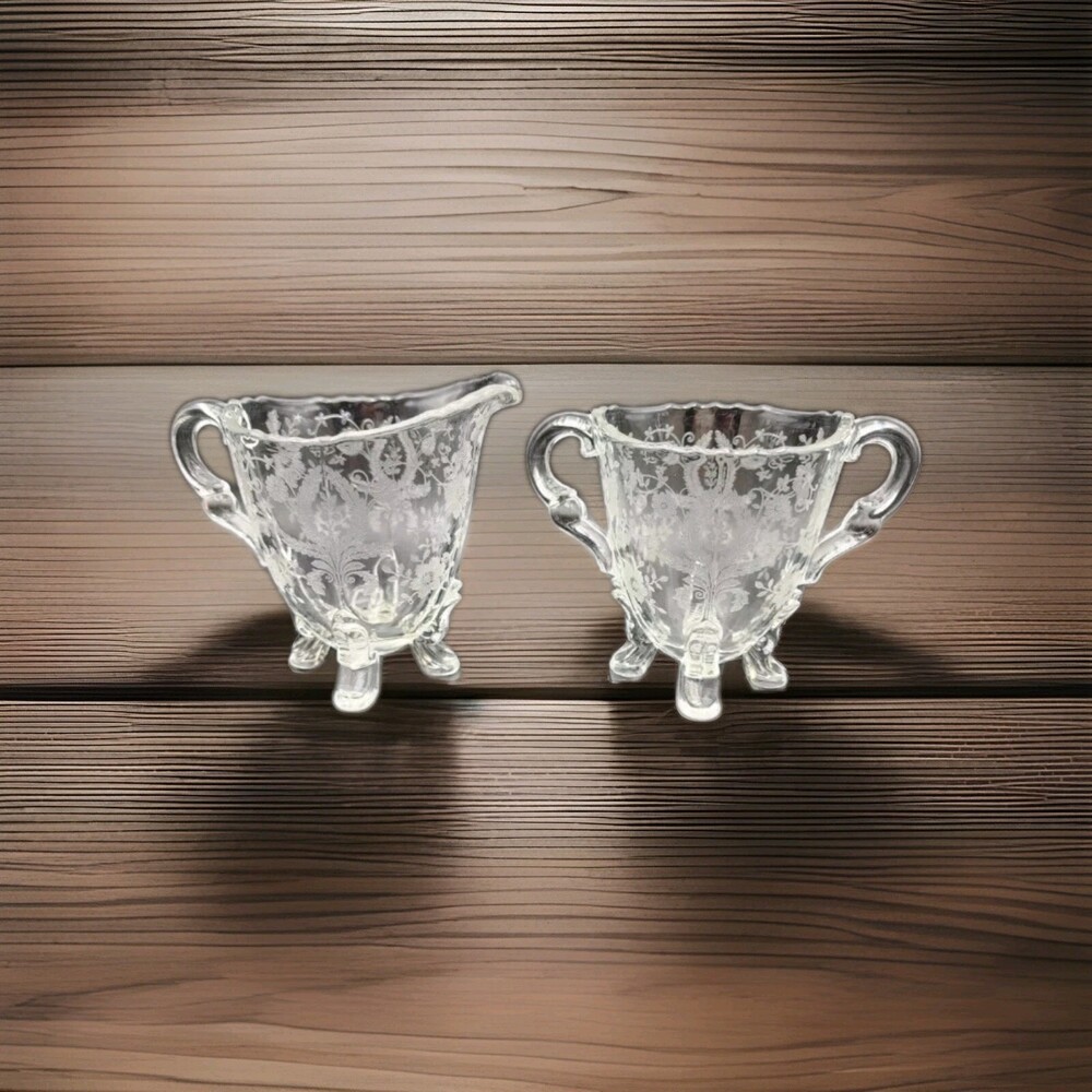 Martinsville Prelude Etched Glass Creamer Sugar Set Vintage - Used